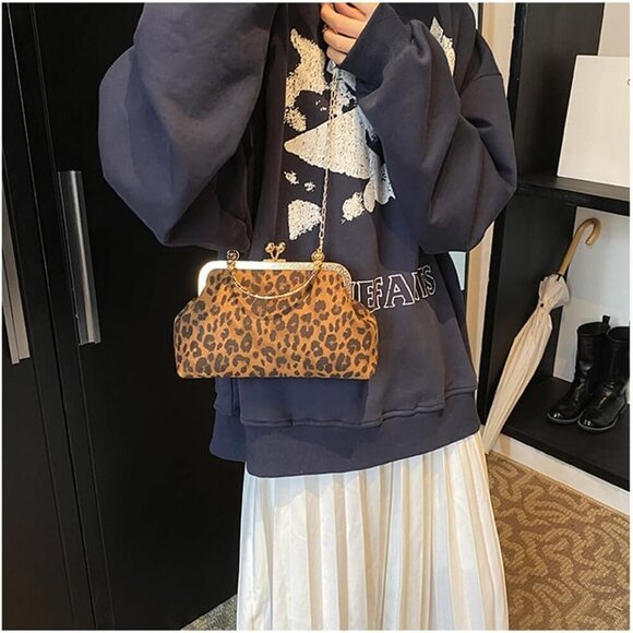 Small Leopard Suede Evening Clutch Purse with Chain Cheetah Print Kiss Lock Even - Picture 2 of 6